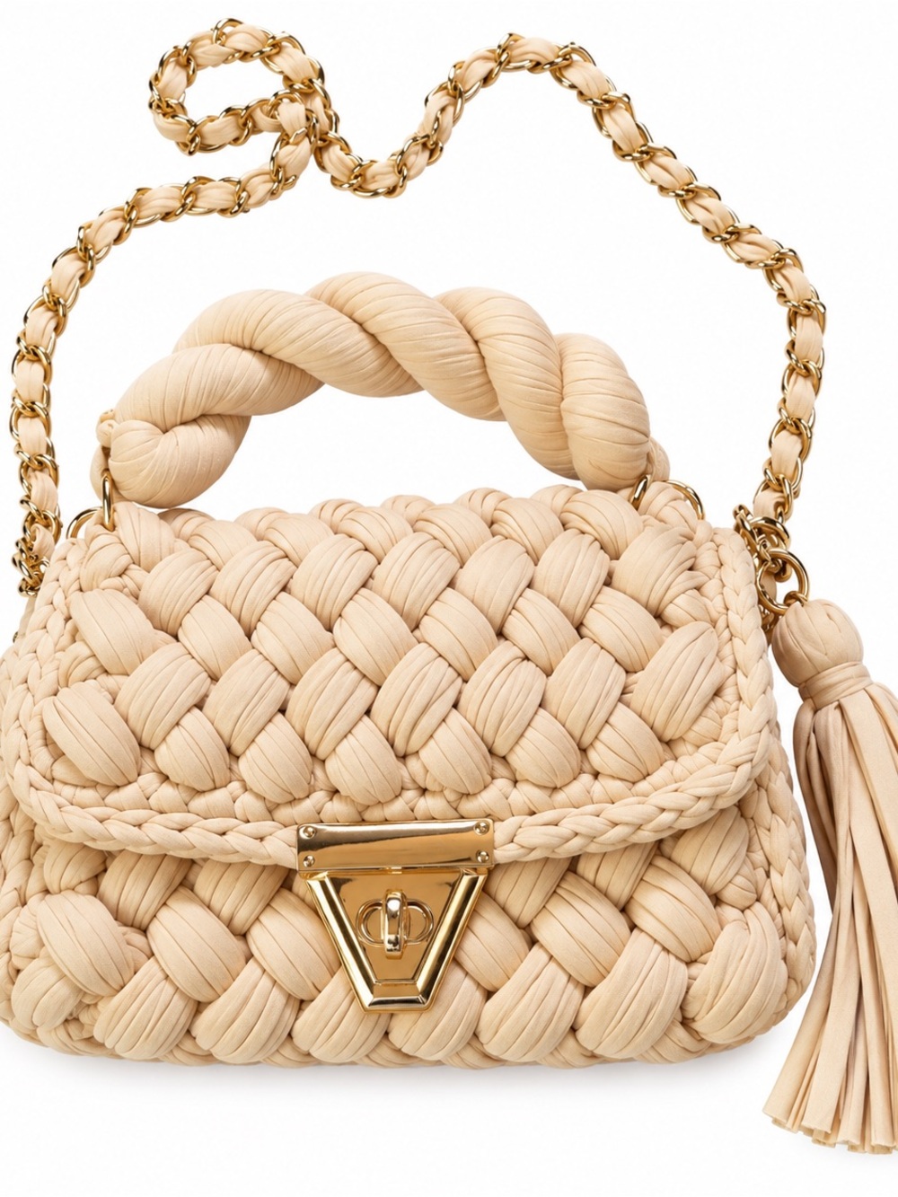Woven Braided Top-Handle Shoulder Bag in Cream